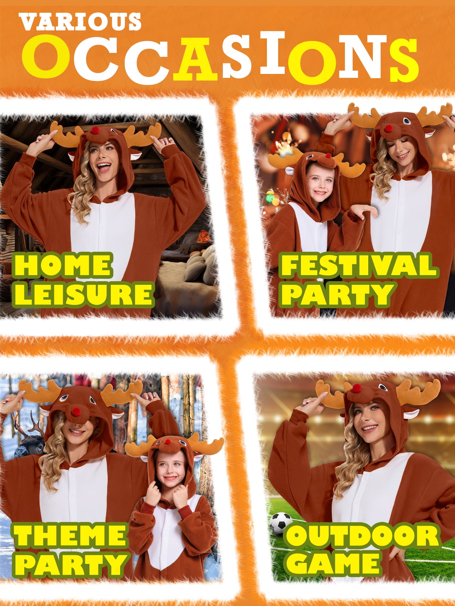 Reindeer Onesie Adults Unisex Animal Pajama Polyester One-Piece Sleepwear for Women and Men Medium