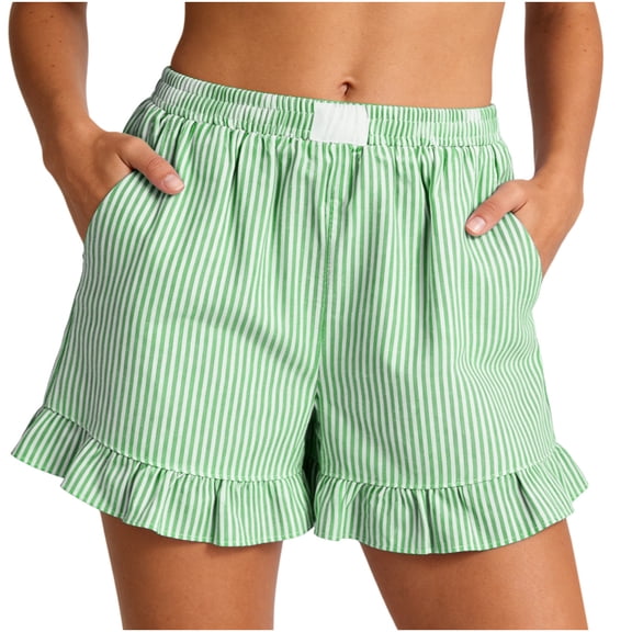 Kinrui Womens Ruffle Boxer Shorts Striped Pajama Shorts Summer Casual Beach Bottoms Pockets Green 2XL