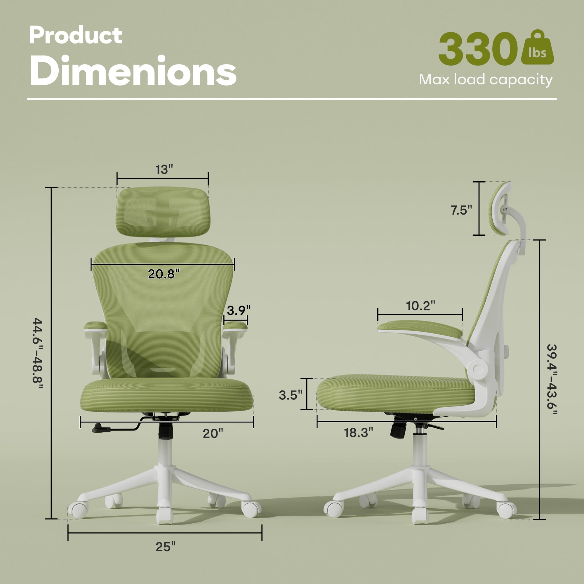 iooHug Ergonomic Mesh Office Chair with Adjustable Lumbar Support, Computer Desk Chair with Headrest, Flip-Up Arms, Green