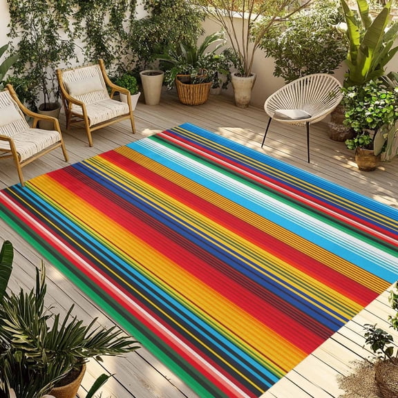 Mexican Stripes Outdoor Rug for Patio/Deck/Porch, Non-Slip Large Area Rug 5 x 8 Ft, Ethnic Horizontal Lines Tribal Geometric Art Indoor Outdoor Rugs Washable Area Rugs, Camping Rug Carpet Runner