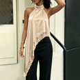 thumbnail image 5 of Karymi Cute Tops for Women Halter Neck Asymmetric Tank Top, Twist Sleeveless Floral Lace Trim Irregular Long Hem Loose Flowy Camisole, Satin Layering Blouse Tops for Women Trendy, 5 of 7