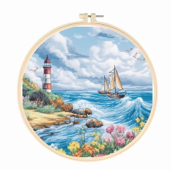 Seaside Lighthouse Scenery Easy Cross Stitch Kits for Starter Kits DIY 11CT Pre-printed Stamped Patterns Embroidery Cross Stitching Needlework Kit Set Supplies with Hoop 35x35cm (a95)