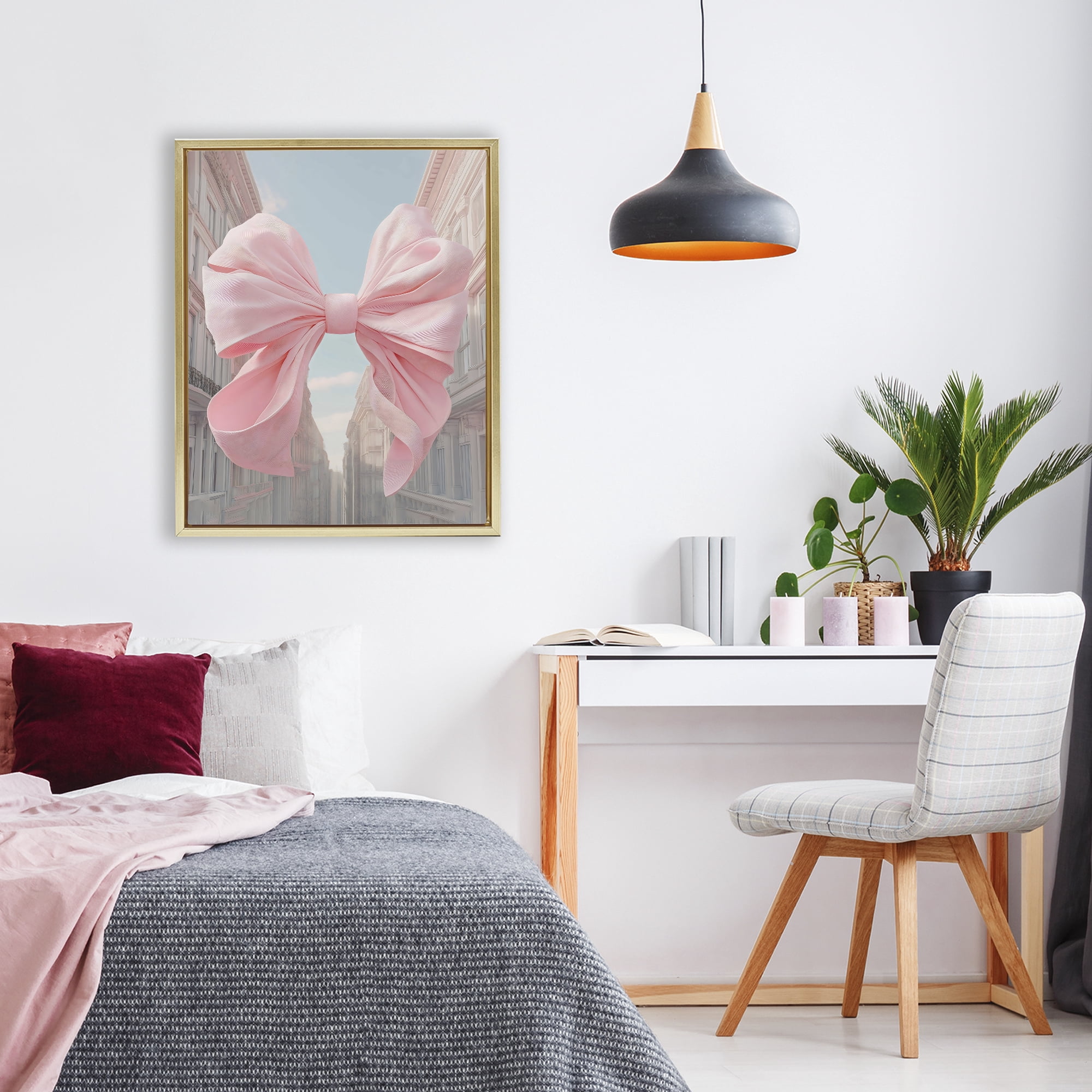 Stupell Industries Pink Bow over City Street Gold Framed Floater Canvas Wall Art, design by The Prints Vibe