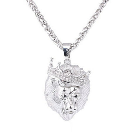 - Mens Full Iced Out Rhinestone Lion Tag Pendant Cuban Chain Hip Hop Necklace