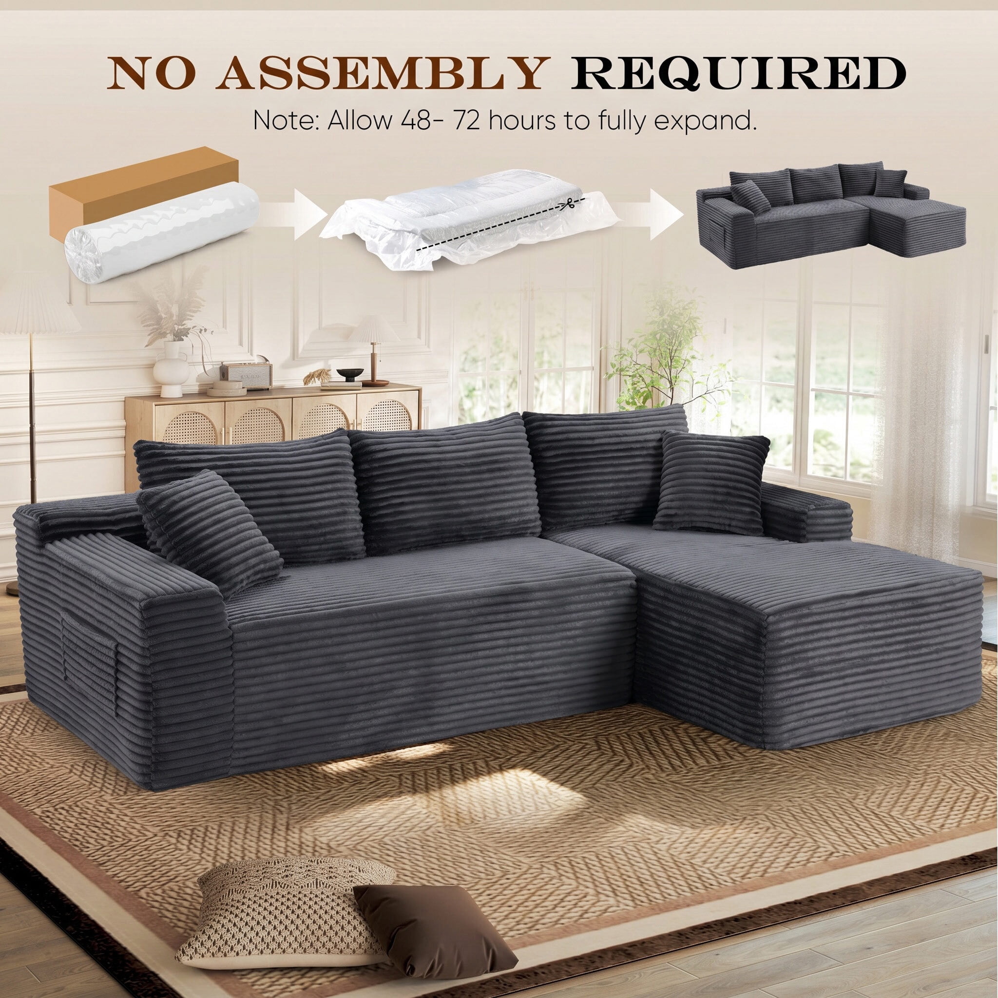 Lunale Small Modular Sectional Sofa with Movable Chaise, L-Shaped Boneless Cloud Couch for Living Room, Gray (Right Facing Chaise)