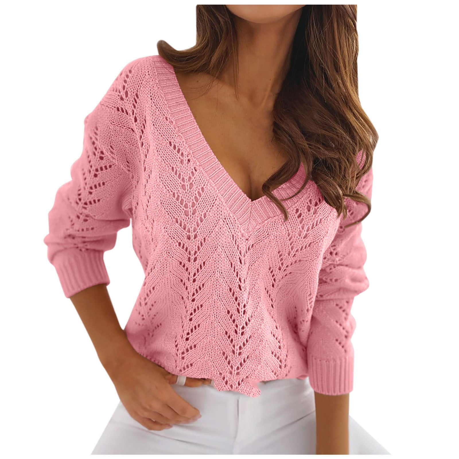 V Neck Sweater Crochet Top Long Sleeve Dressy Casual Fall Outfit Knit Top Blouses -