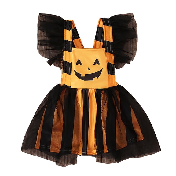 Tisuna Halloween Dresses For Toddler Girls Pumpkin Print Fly Sleeve Square Neck Party Dress Trendy Kids Festival Theme Daily Dress Size 18-24 Months Black