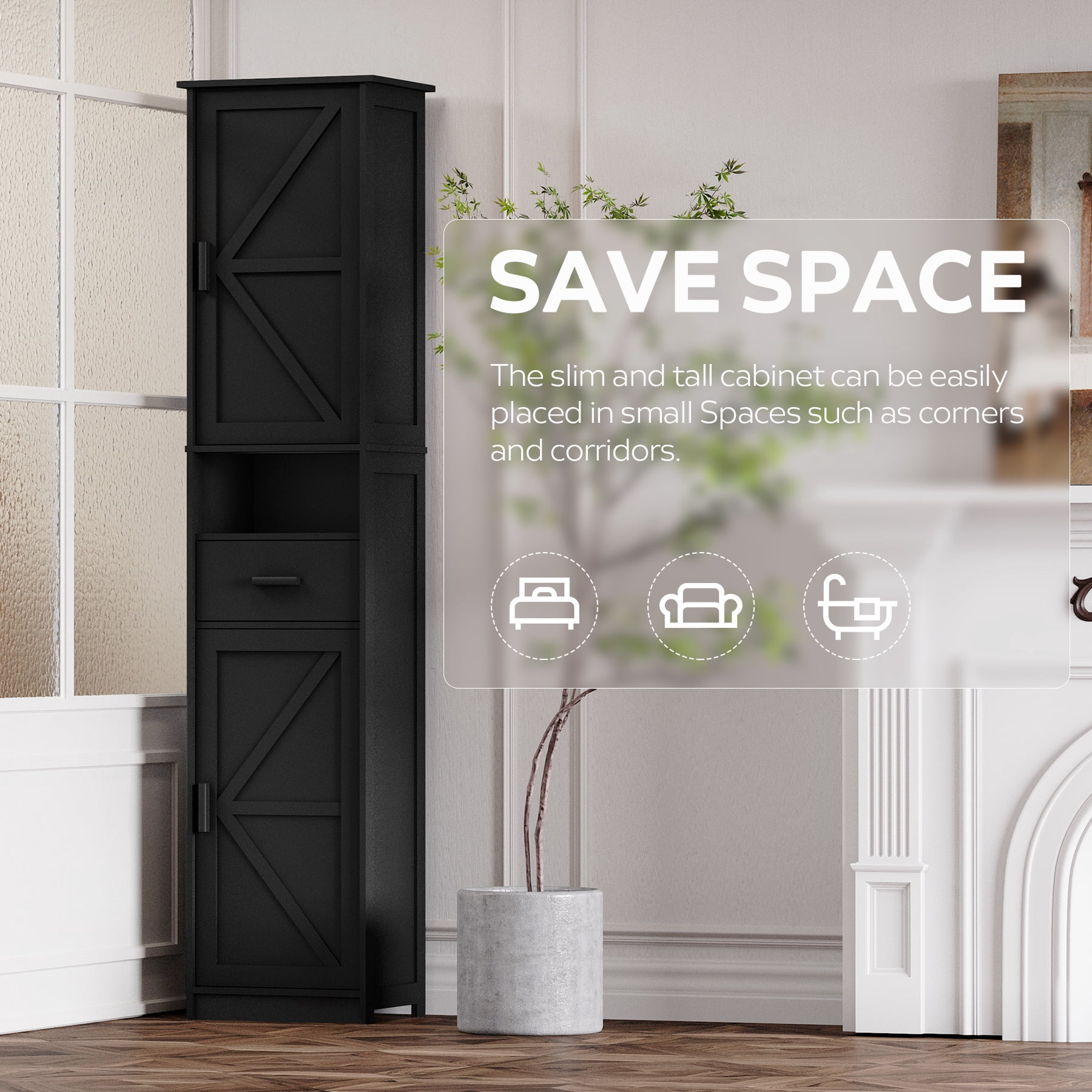 69" Bathroom Cabinet, Modern Floor Tall Cabinet With 1 Drawer, 2 Doors And Adjustable Shelves, Narrow Storage Cabinet For Home, Kitchen, Living Room