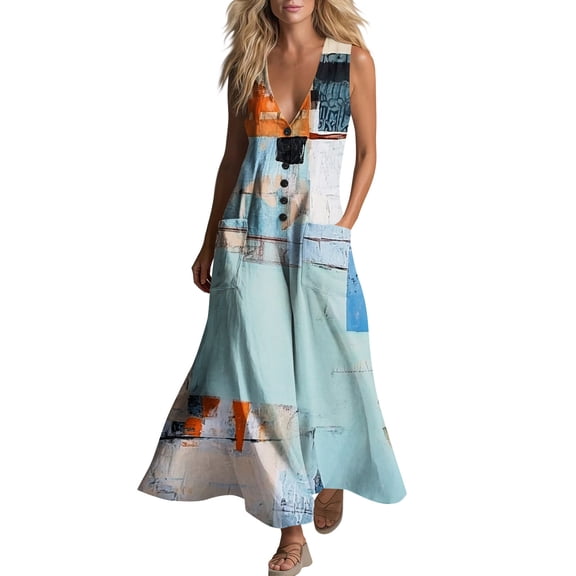 fheaev Womens Summer Maxi Dress Tank Sleeveless V Neck Button Down Casual Floral Loose Beach Vacation Sundress with Pockets Multicolor XL