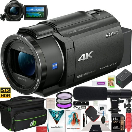 Sony FDR-AX43 4K UHD Handycam Camcorder with ZEISS 20x Optical Zoom Lens AX43 Video Recording Camera Bundle with Deco Gear Case + Condenser Microphone + 64GB Card + Filter Kit + Software & Accessorie