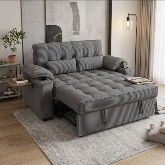 58" Sleeper Sofa Bed, Full Size Pull Out Couch, Convertible Loveseat Sofa with 5-Level Adjustable Backrest, USB Charging Ports, Cup Holders & Foldable Side Table, for Living Room, Apartment & Office