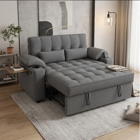 58" Sleeper Sofa Bed, Full Size Pull Out Couch, Convertible Loveseat Sofa with 5-Level Adjustable Backrest, USB Charging Ports, Cup Holders & Foldable Side Table, for Living Room, Apartment & Office