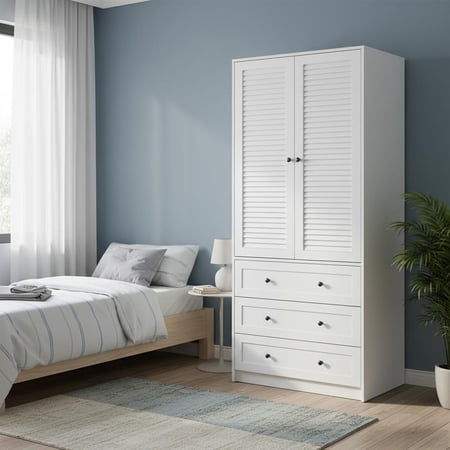 TEQIN Freestanding Bedroom Wardrobe Bedroom Armoires With 2-Door Closet Hanging Rod & 3 Drawers Farmhouse Wardrobe Closet For Bedroom Freestanding Clothing Storage Cabinet