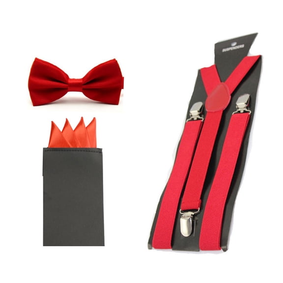Men Satin Solid Bowtie 4 Fancy Folds Pocket Square Hanky Suspender Braces Set