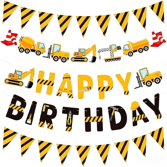 Construction Birthday Banners Vehicle Truck Paper Garlands Construction Pennant Flags Bunting Banners Happy Birthday Party Decor for Boys Construction Theme Birthday Party Decorations, Set of 5