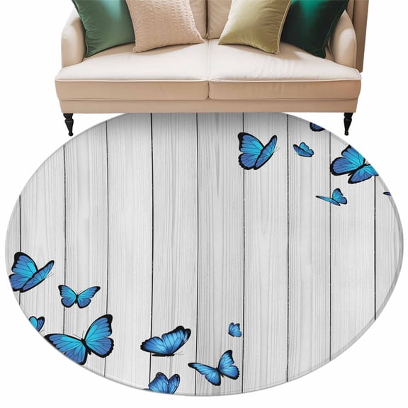 Blue Butterfly Round Rug 6ft Washable Circle Kitchen Rugs Non Slip Farmhouse Country Animals Wooden Grain Large Area Rug Indoor Floor Carpet for Bedroom Living Room Home Office Dining Room Nursery