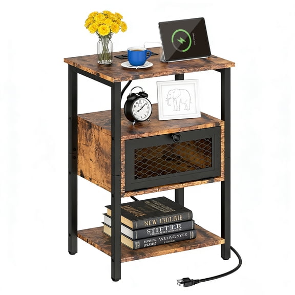 SoildPal Nightstand with Charging Station, End Table with Drawer and USB Ports & Outlets, 3-Tier Small Side Table with Storage Shelf for Bedroom Living Room