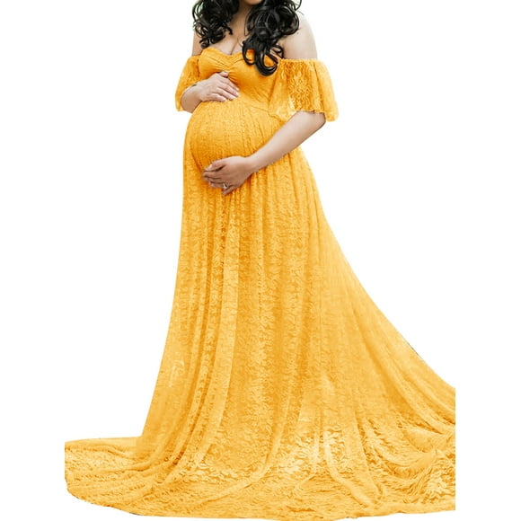 Boiiwant Maternity Lace Dress Elegant Pregnancy Gown Stretchy Off The Shoulder Ruffle Sleeve Flowy Long Maxi Dress for Photoshoot Baby Shower Wedding