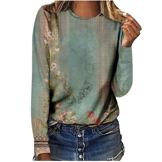 T-shirts à Manches Longues pour Femmes, Col Ras du Cou, Tuniques à Imprimé Floral, Hauts Doux Décontractés, Blouse Coupe Ample