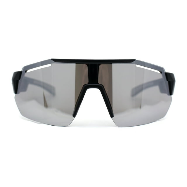 Mens Xloop Half Rim Oversize Shield Sharp Plastic Sunglasses Matte Black Grey Silver Mirror