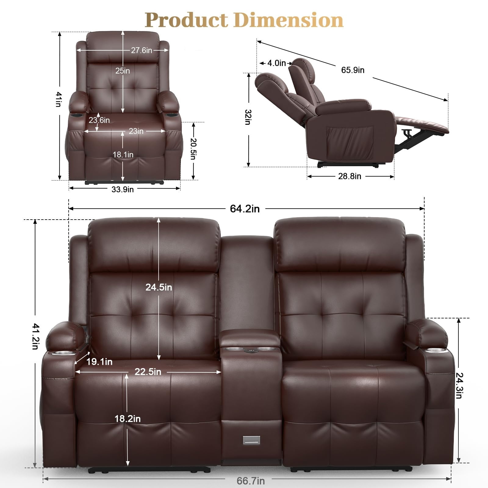 LOBERFVE Loveseat, 2 Seater Manual Recliner with Cup Holders, USB and Type-C Interface, PU Leather Recliner Sofa with Massage Function for Living Room Furniture, Brown 2+1