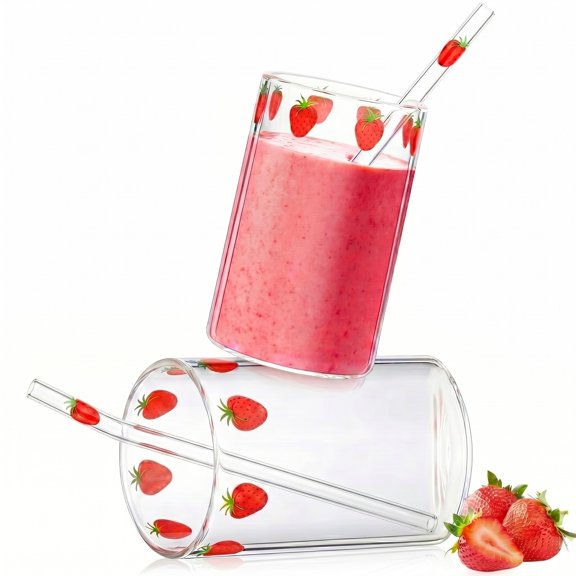 BlinkLLX 2 Sets Strawberry Cups Nana Strawberry Glass Cup with Straw Glass Tumbler Drinking Cherry Clear Tumbler Berry Pattern Glasses Bottle for Juice Water Milk Coffee Tea(Lovely)