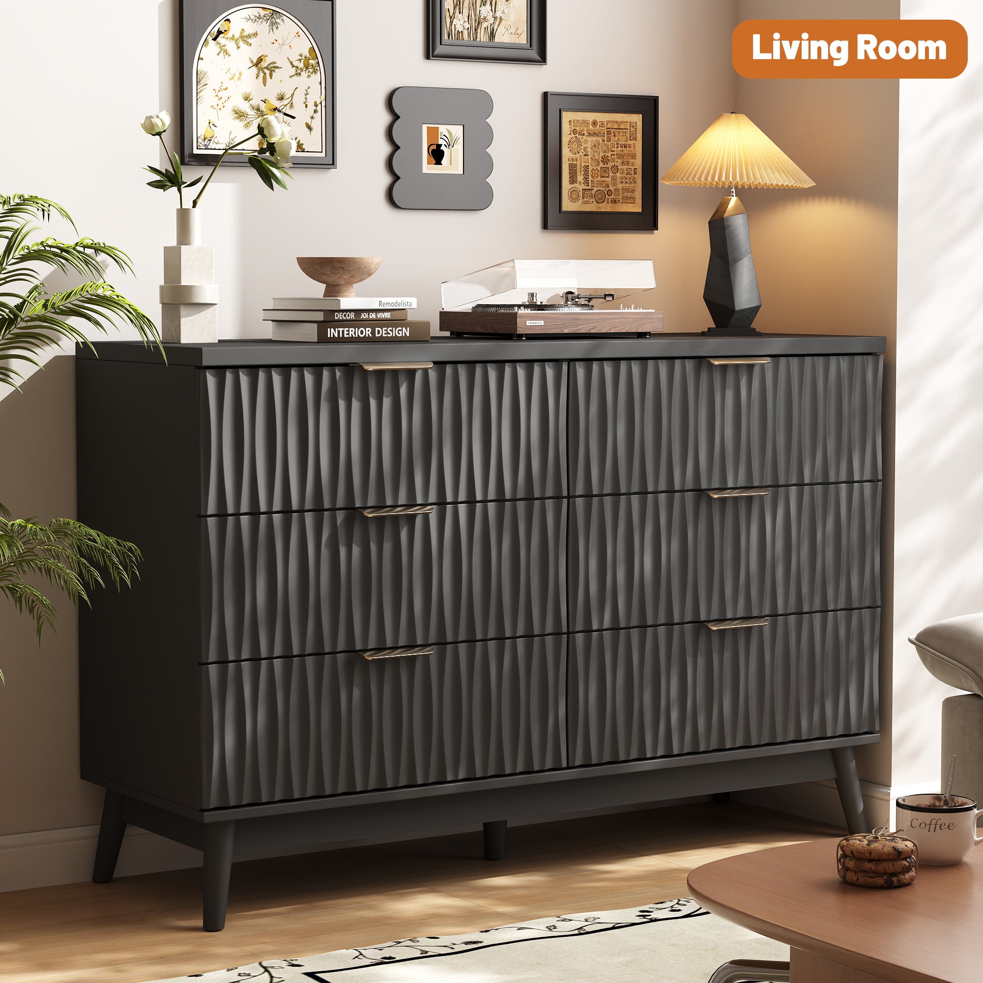 Fluted Dresser for Bedroom with 6 Drawers, 48" Wide Modern Chest of Drawers with Elegant Wave Design, Wooden Dresser TV Stand, Closet Clothes Storage Organizer for Living Room, Hallway