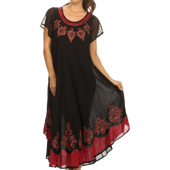 Sakkas Batik Hindi Cap Sleeve Caftan Dress / Cover Up - Black / Red - One Size