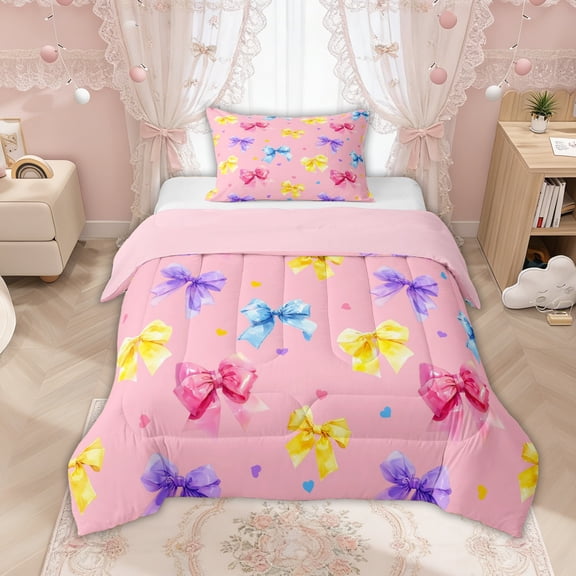Manfei Watercolor Rainbow Bow Twin Comforter Sets, Pink Love Heart Bedding Set for Girls Women, Pink Reversible, 2-Piece