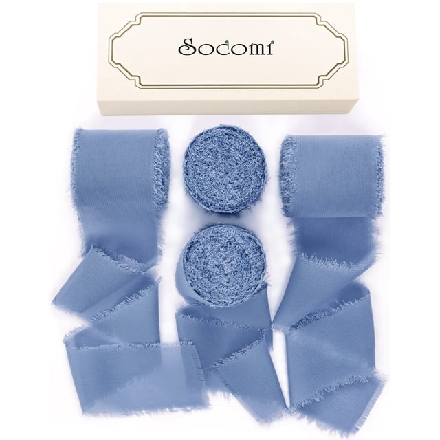Socomi Dusty Blue Handmade Fringe Chiffon Silk Ribbon 1-3/4" x 7Yd 4 Rolls Frayed Ribbons for Wedding Invitations Bridal Bouquets Gift Wrapping