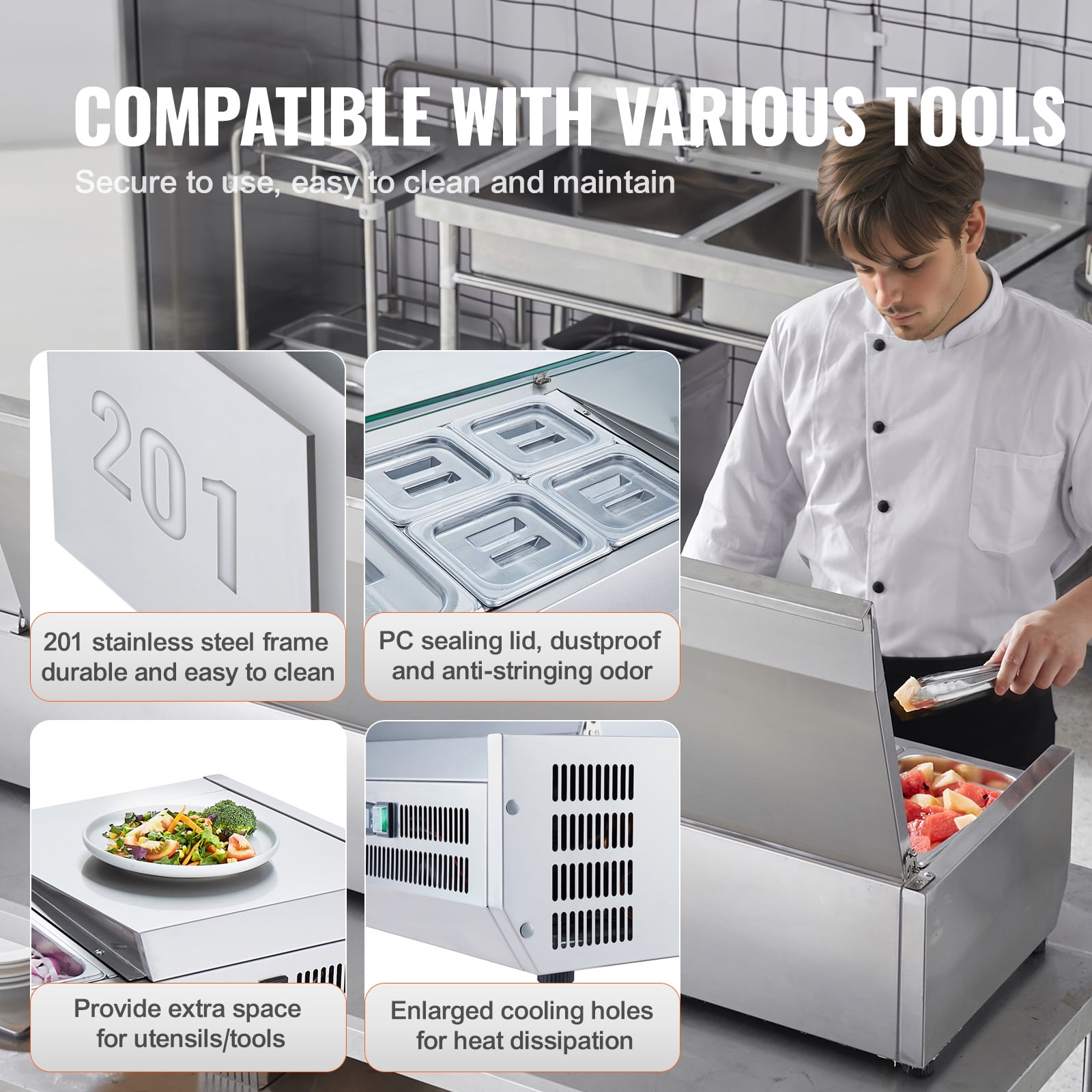 KFFKFF Countertop Refrigerated Salad Pizza Prep Station 160 W Stainless Guard ETL
