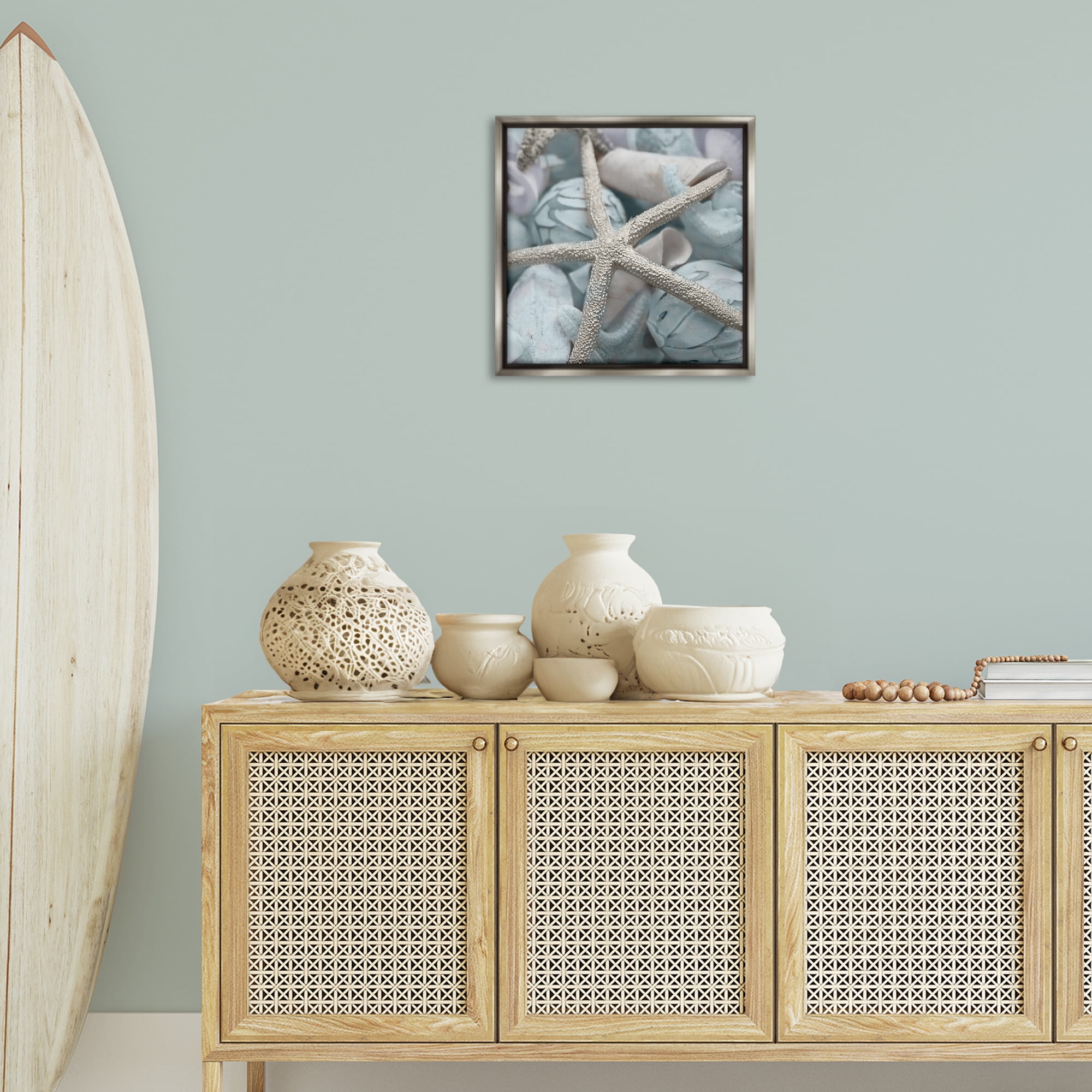 Stupell Industries Starfish & Various Shells Nautical & Beach Photography Gray Floater Framed Canvas Art Print Wall Art, 18 x 18