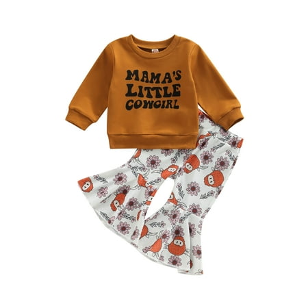 

Bagilaanoe 2pcs Toddler Baby Girl Long Pants Set Letter Print Long Sleeve Sweatshirts Tops + Flower Print Flare Trousers 6M 12M 18M 24M 3T 4T Kids Casual Outfits