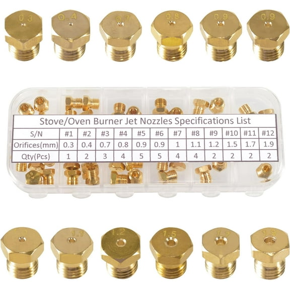 Range Stove Oven Orifice Conversion Kit，Brass Jet Burner Nozzle Replacement Parts M6x0.75 mm Gas Spray Tip 0.3/0.4/0.7/0.8/0.9/1.0/1.1/1.2/1.5/1.7/1.9mmPack of 36), Propane Lpg Gas Pipe Parts.