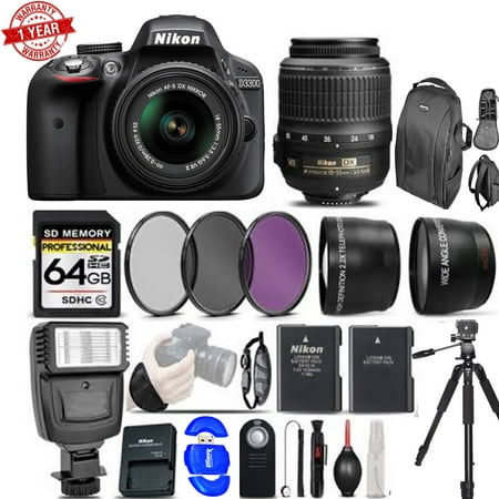Nikon D3300 DSLR Camera 24.2MP with 18-55mm VR II w/ 64GB MC | Flash | Tripod | Backpack | Spare Battery & More