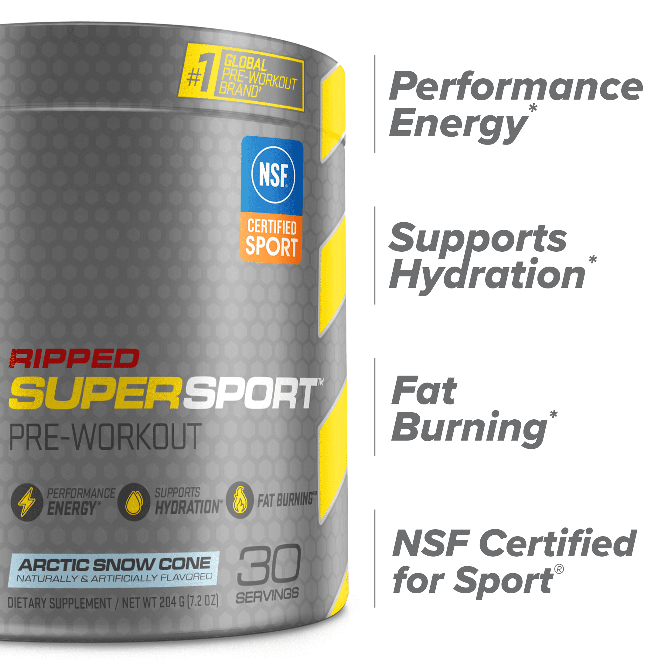 C4 Ripped Super Sport Pre-Workout, Arctic Snow Cone, Energy, Hydration, Fat Burning, 30 Serving