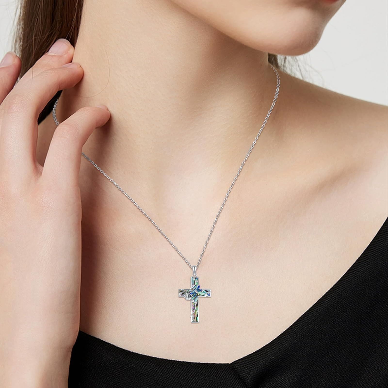 Coachuhhar Sunflower Cross Necklace 925 Sterling Silver Dragonfly Pendant Necklace Abalone Jewelry Gifts for Women Mom Birthday