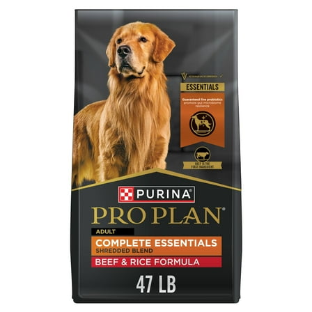 Purina Pro Plan Complete Essentials Shredded Blend Beef and Rice Dry Dog Food Formula with Probiotics for Dogs, 47 lb Bag