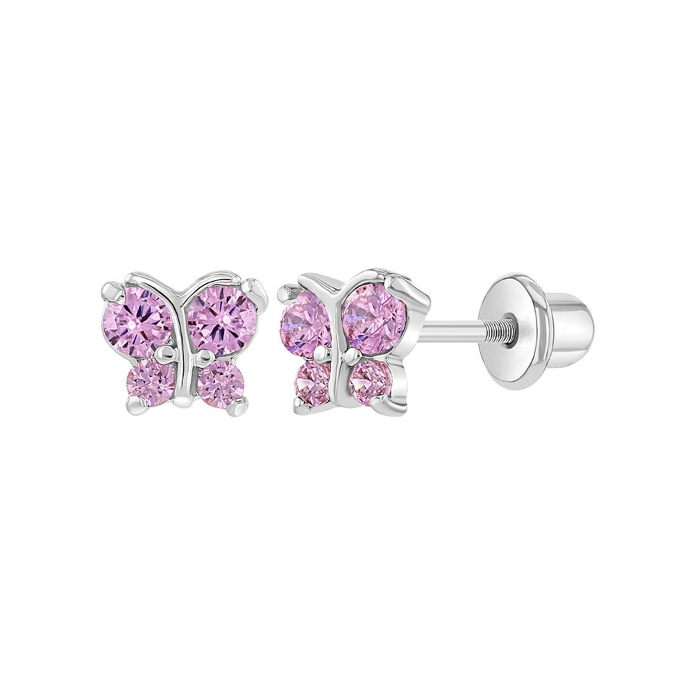In Season Jewelry Rhodium Plated Tiny Pink CZ Butterfly Screw Back