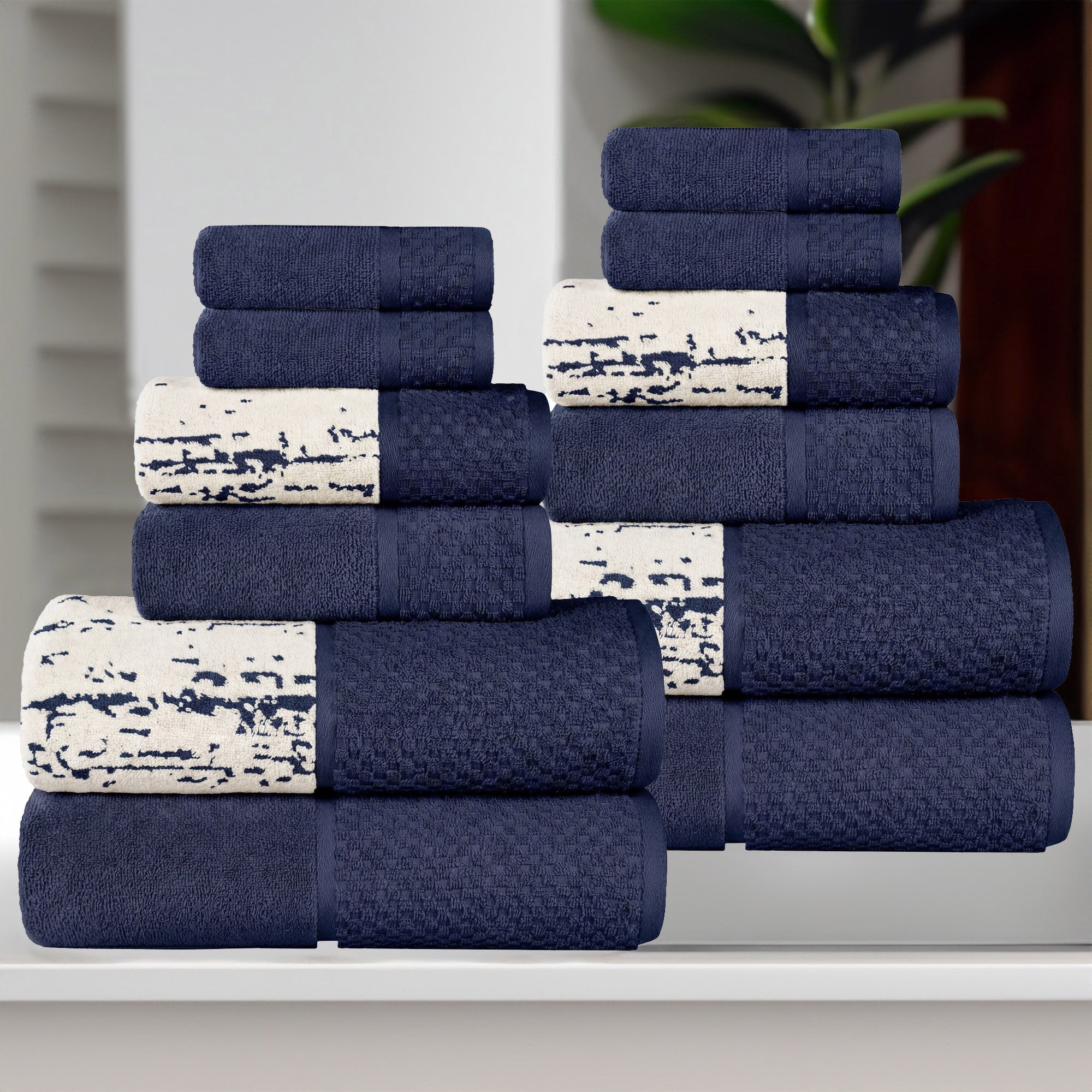 Superior Modern Cotton 12 Piece Bathroom Towel Set Mixed Pattern Solid, Navy Blue-Ivory