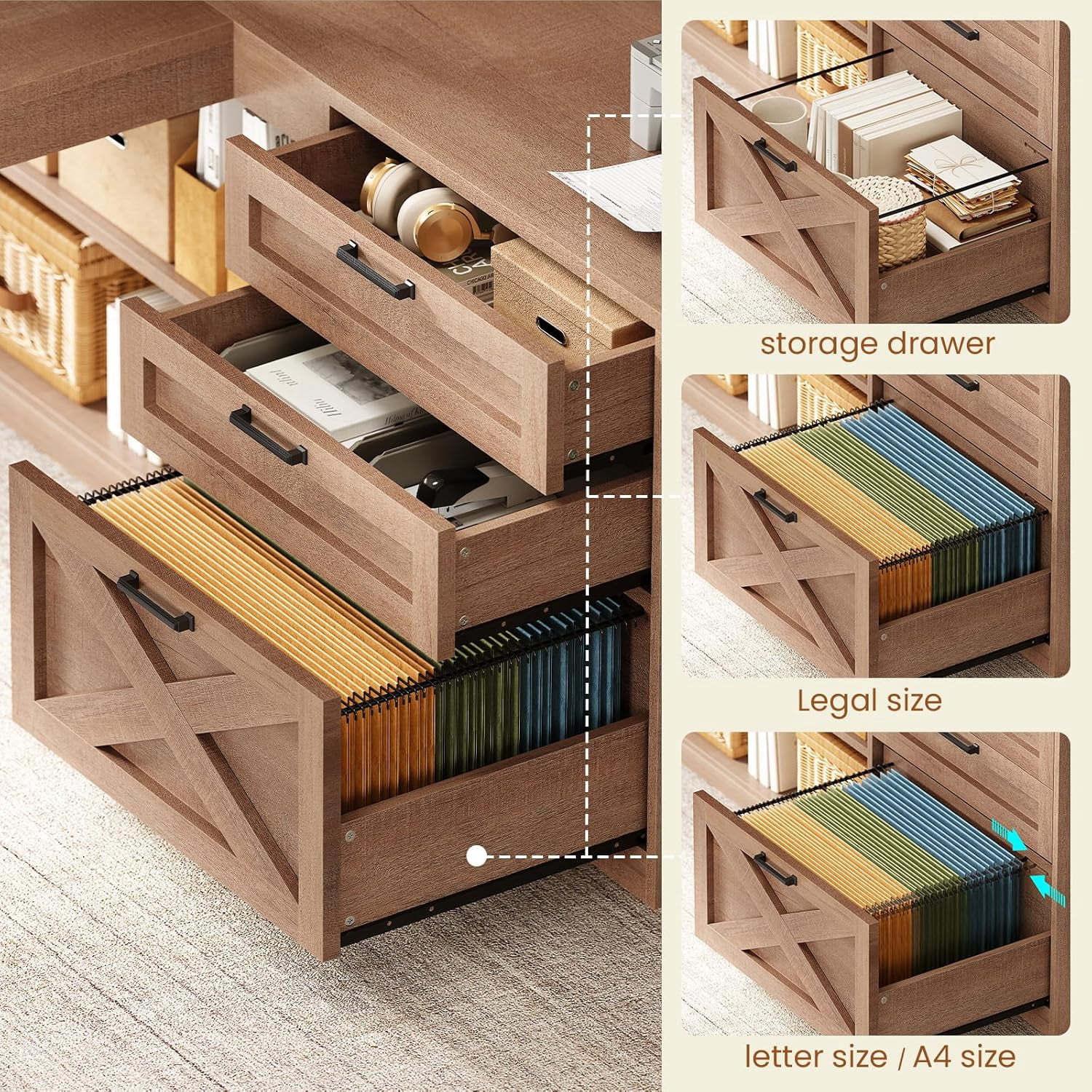 SEDETA Farmhouse L Shaped Office Desk with Storage, 61 Inch Large Computer Desk with 3 Drawers, 11 Open Shelves and Power Outlet, Corner Gaming Desk with LED Light and Display Cabinet, Natural