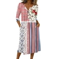 thumbnail image 2 of Summer Dresses for Women V-Neck Button Down 3/4 Sleeve Patriotic American Flag A-Line Midi Beach Vacation Sundress with Pockets, 2 of 7