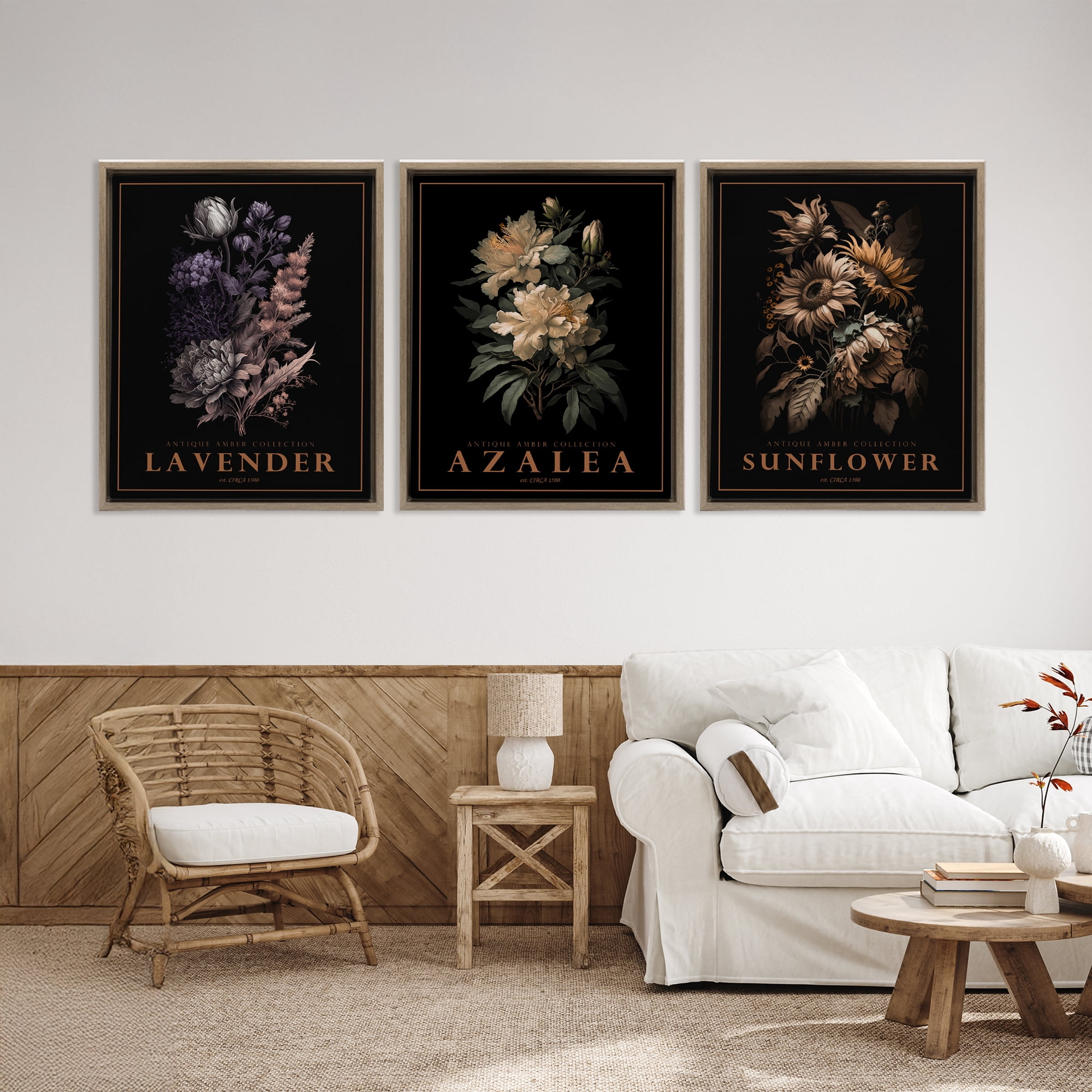 Stupell Industries Antique Botanical Herb Bushels 3 Piece Brown Framed Floater Canvas Set, design by Christopher Giampietro
