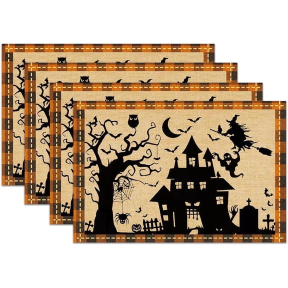 Halloween Placemats Set of 4, 12x18 Inch Halloween Place Mats,Washable Woven Vinyl Non-Slip Placemat, Heat-Resistant Durable Table Mats, Halloween Table Mats for Party Kitchen Dining Decoration