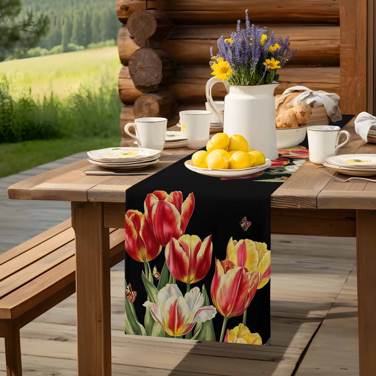 Colorful Tulip Flower on Black Table Runner 90 Inches Long, Watercolor Floral Butterfly Table Runners Tabletop Scarf Kitchen Dining Tables Decoration for Home Party Indoor Outdoor