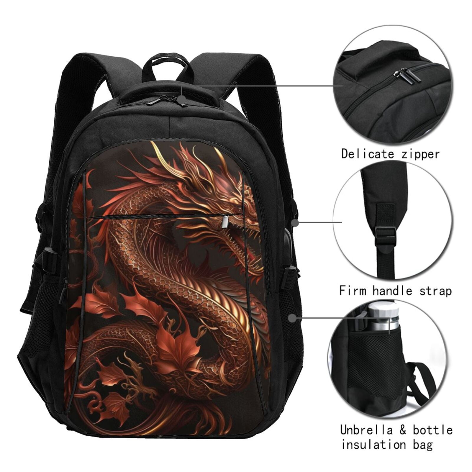 Golden Chinese Dragon Red Art Laptop Backpack with USB Charging Headphone Port Casual Daypack Bag College Business Travel