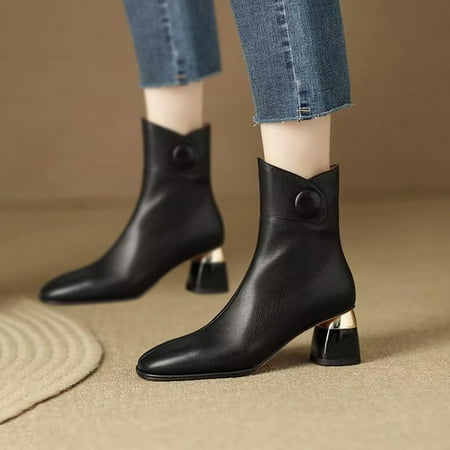 

TALKVE Women Ankle Boots Autumn And Winter Fashion Solid Color Simple Comfortable Pointed Toe Square Heel Thick Back Zipper