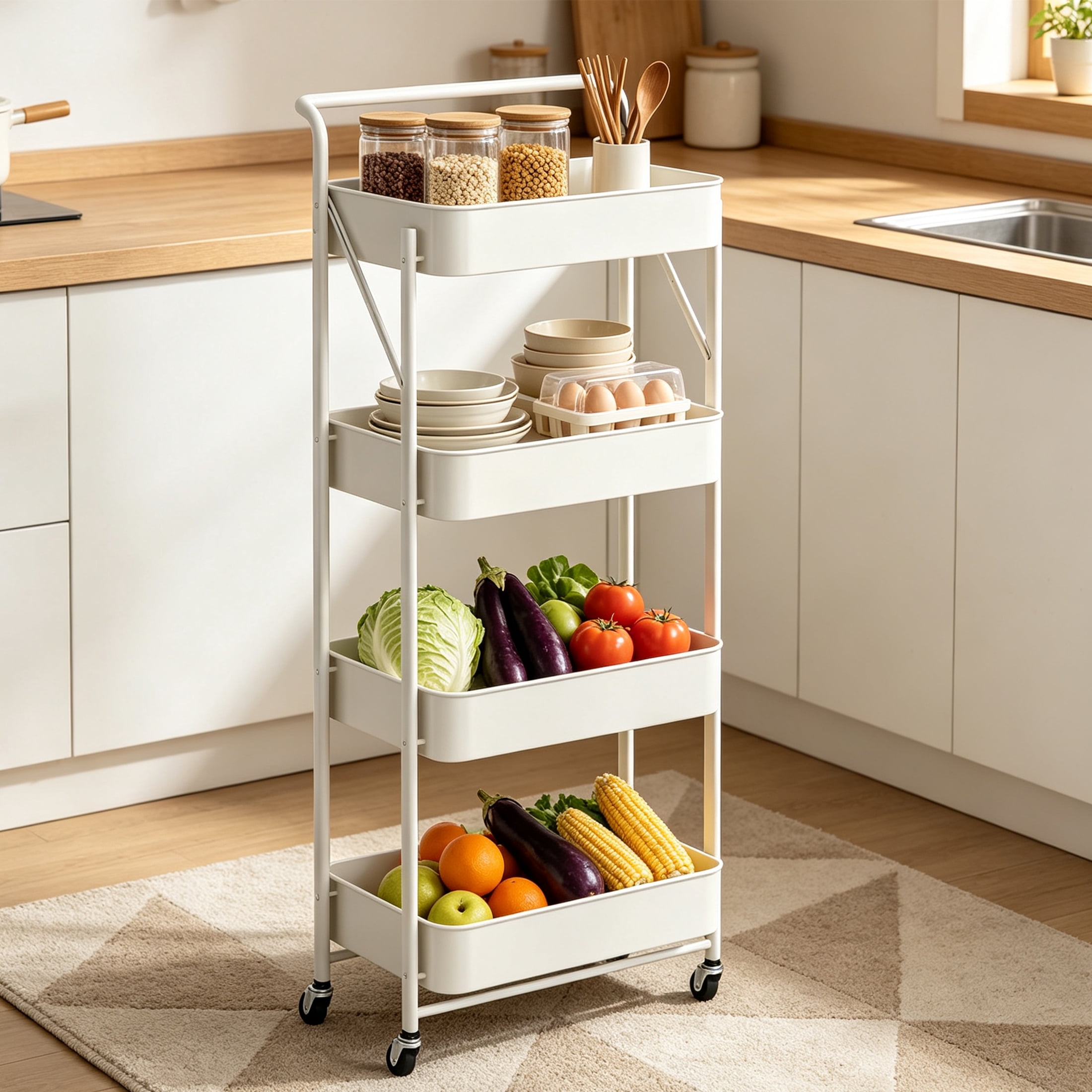 CISILOV 4-Tier Foldable Rolling Storage Cart, Mobile Utility Cart with Wheels & Handle, Metal Mesh Organizer Cart for Kitchen, Bathroom, Living Room, Bedroom, White