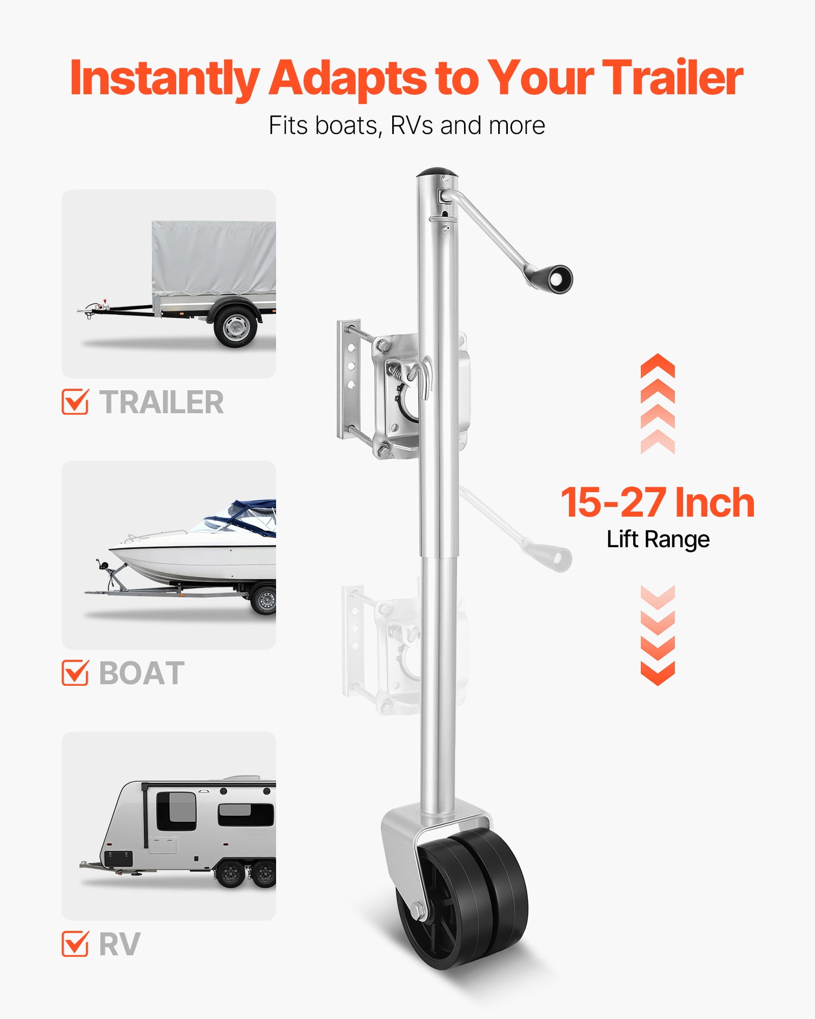 VEVOR Trailer Jack with Wheel, 2000 lbs Load Capacity, Heavy Duty Swivel Boat Trailer Jack with PP Dual Wheel & Ergonomic Handle, 15-27 Inch Lift Range, Fit for RVs, Boats and Utility Trailers
