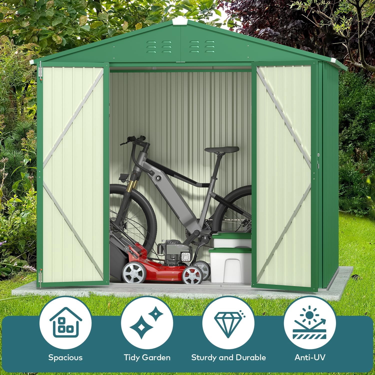 8 x 6 FT Storage Shed, Lofka Galvanized Metal Garden Shed with Double Lockable Doors, Outdoor Storage Clearance for Backyard Patio -Green